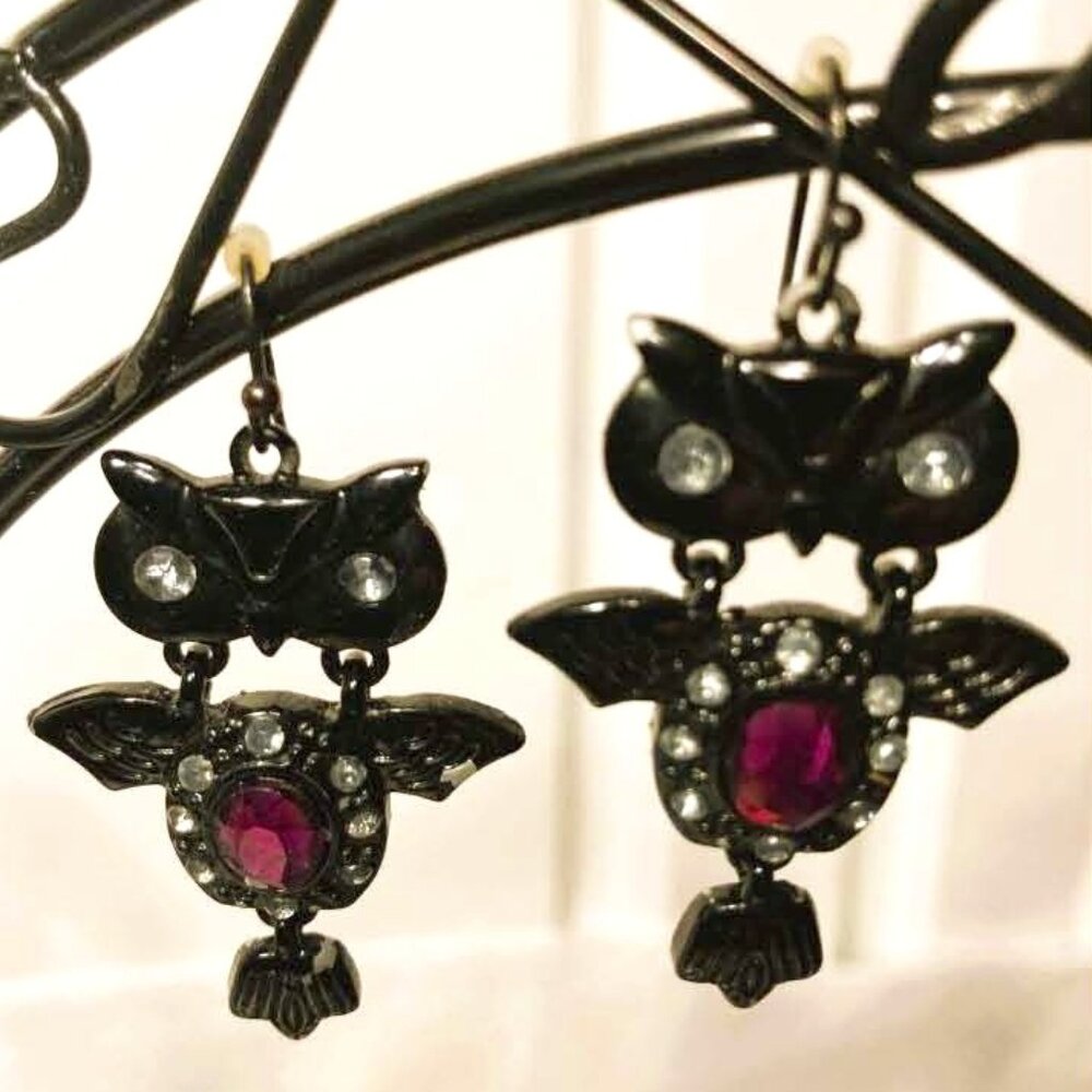 BLACK ENAMELED STEEL & CRYSTAL HALLOWEEN OWL DANGLE EARRINGS
